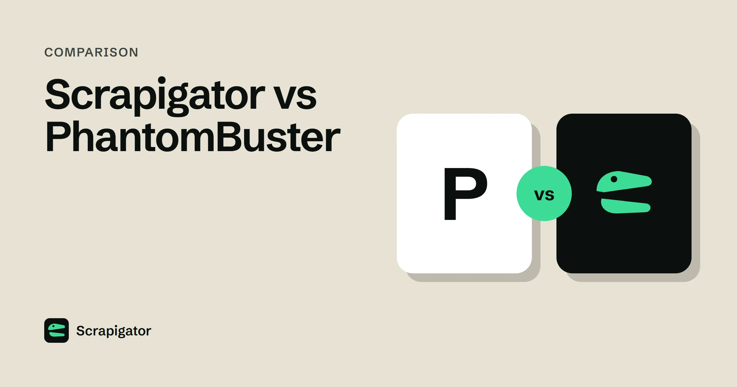 Side-by-side cards: PhantomBuster, an automation platform from $69 a month, next to Scrapigator, $8 a month flat for whole-search export