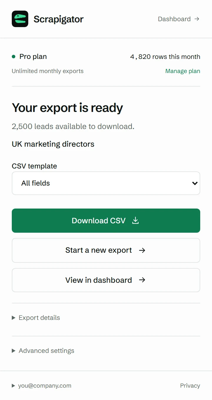 Scrapigator extension showing a finished export of 2,500 leads with a Download CSV button