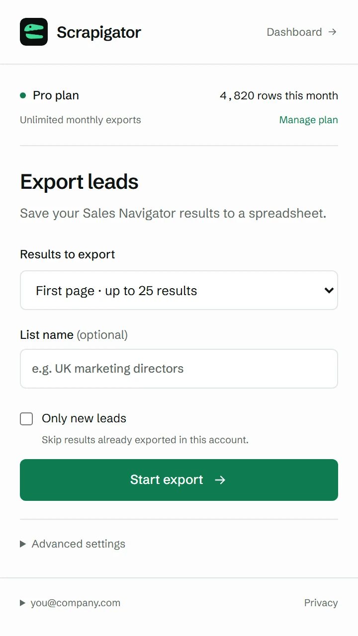 Scrapigator extension popup on a Sales Navigator lead search, with the results-to-export menu, an optional list name, the Only new leads option and the Start export button