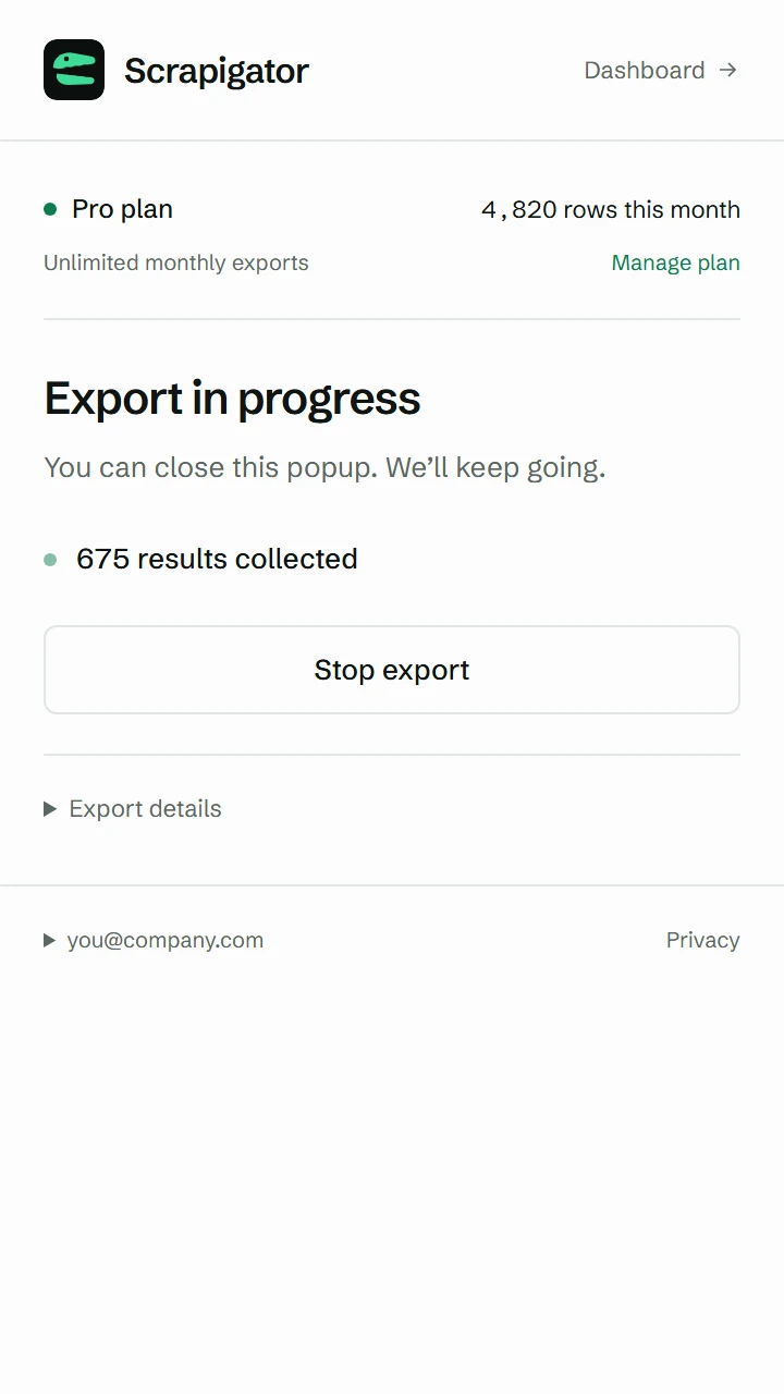 Scrapigator extension popup showing an export in progress with 675 results collected and a Stop button